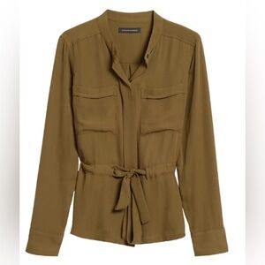 ***Banana Republic Olive Utility Blouse with Cinched belted waist .